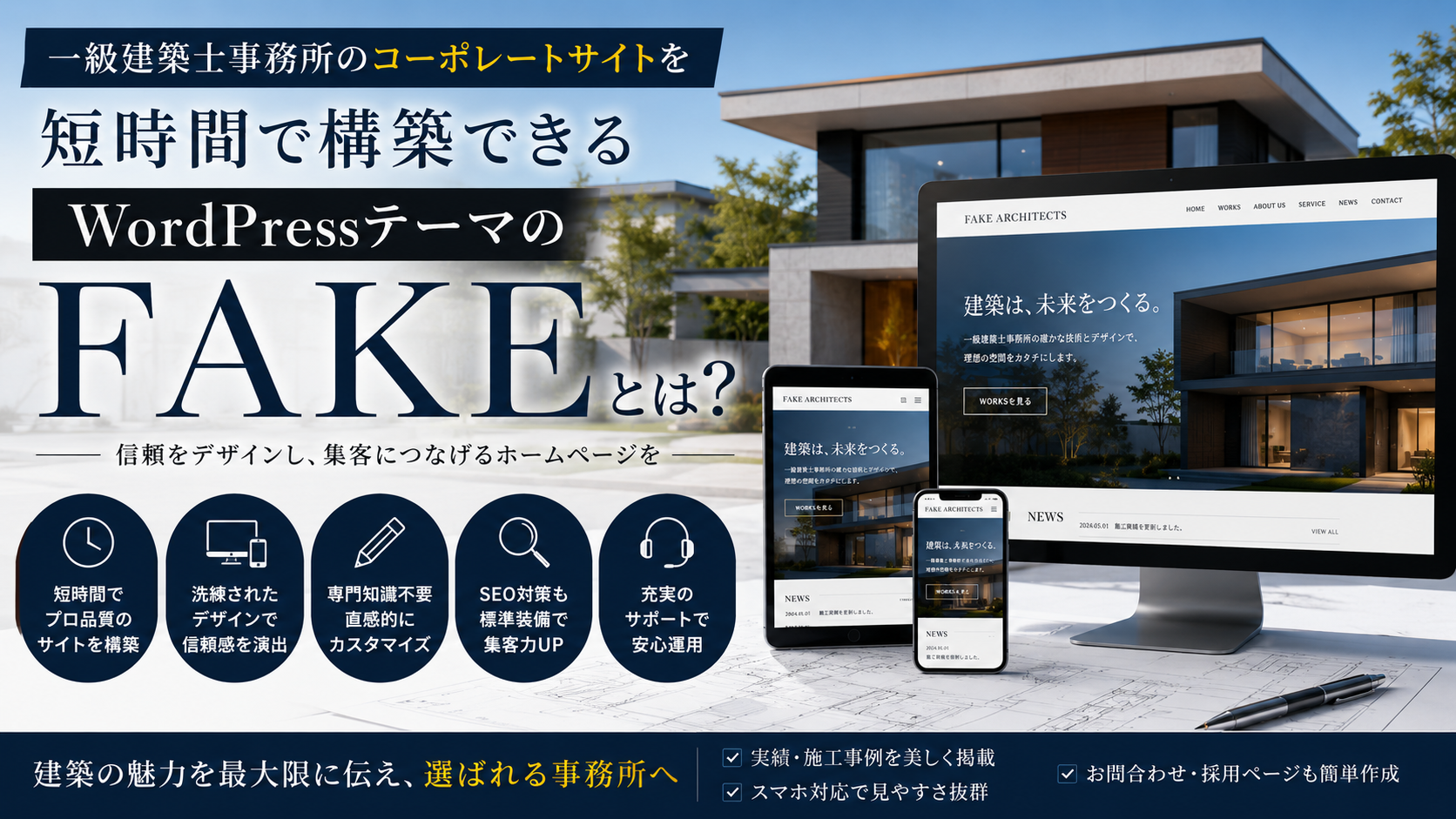 一級建築士事務所のコーポレートサイトを短時間で構築できるWordPressのテーマ「FAKE」